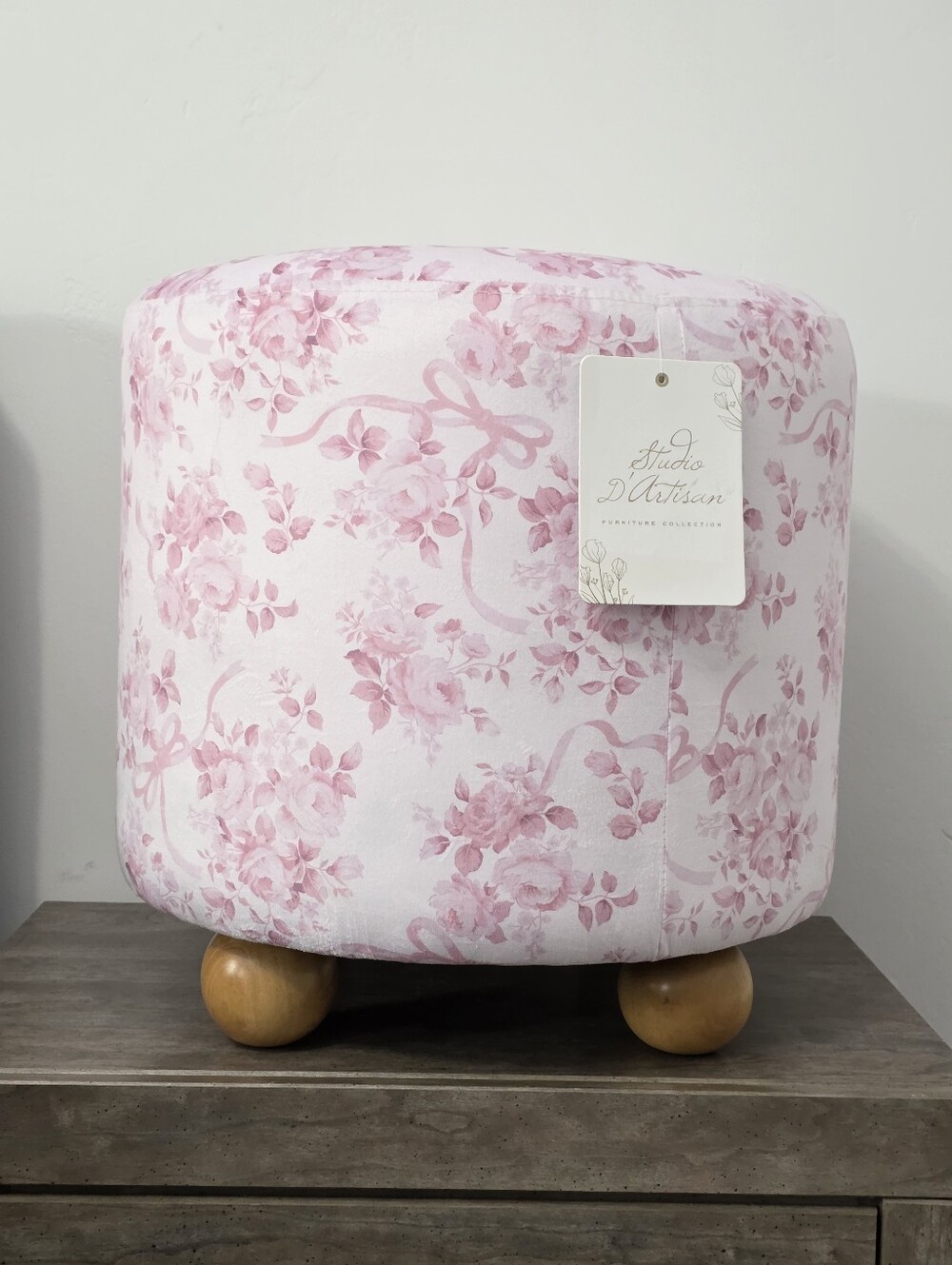 Pink Bow Coquette Velvet Floral Rose Ottoman by Studio D'Artisan